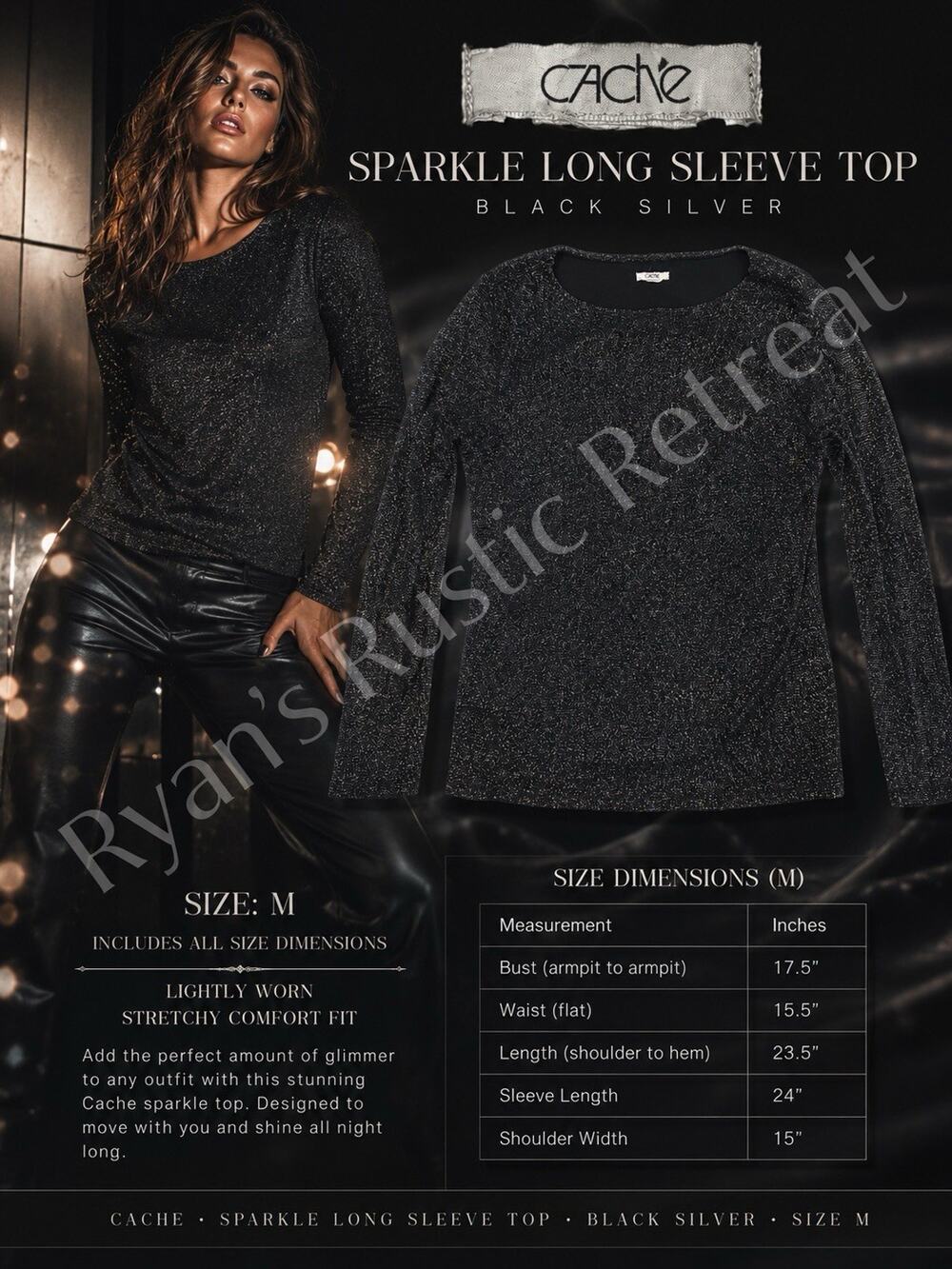 Cache Women’s Black Silver Metallic Sparkle Long Sleeve Knit Top Size M DK